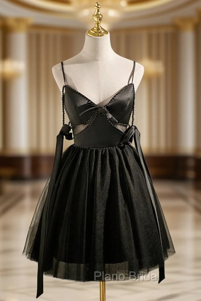 Black Tulle Satin Spaghetti Straps Pearls Homecoming Dresses