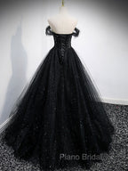 Black Tulle Sequin Long Formal Prom Dresses, Black Tulle Formal Dresses