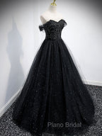 Black Tulle Sequin Long Formal Prom Dresses, Black Tulle Formal Dresses