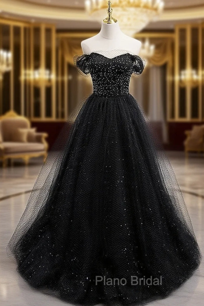 Black Tulle Sequin Long Formal Prom Dresses, Black Tulle Formal Dresses