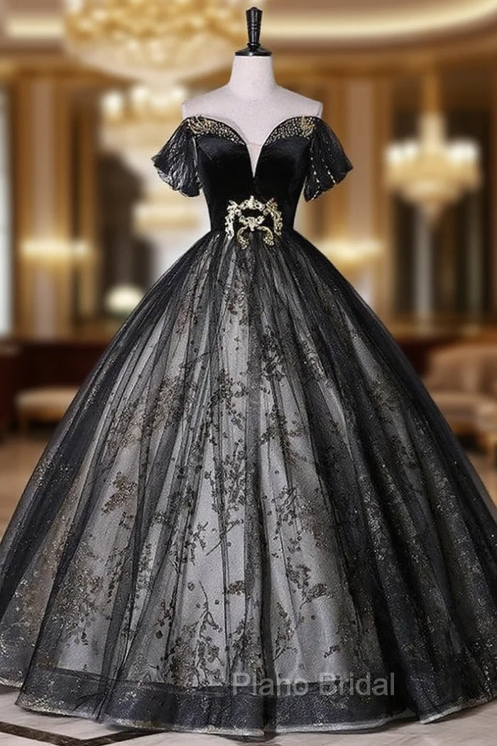 Black Tulle Sequins Beading Quinceanera Dresses