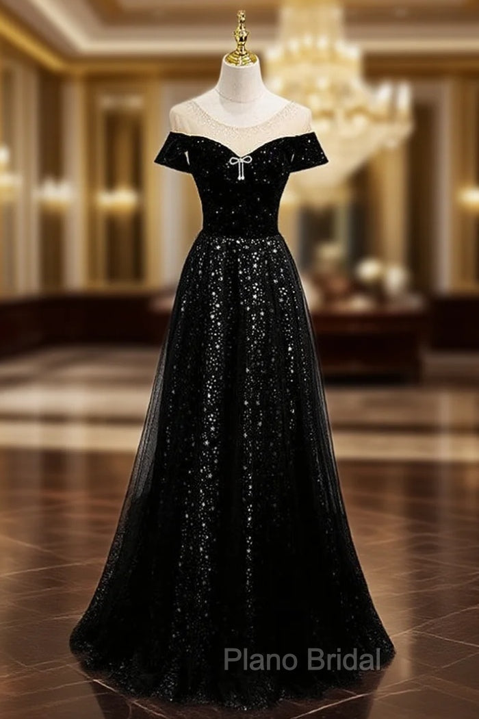 Black Tulle Sequins Cap Sleeve Formal Prom Dresses Main image