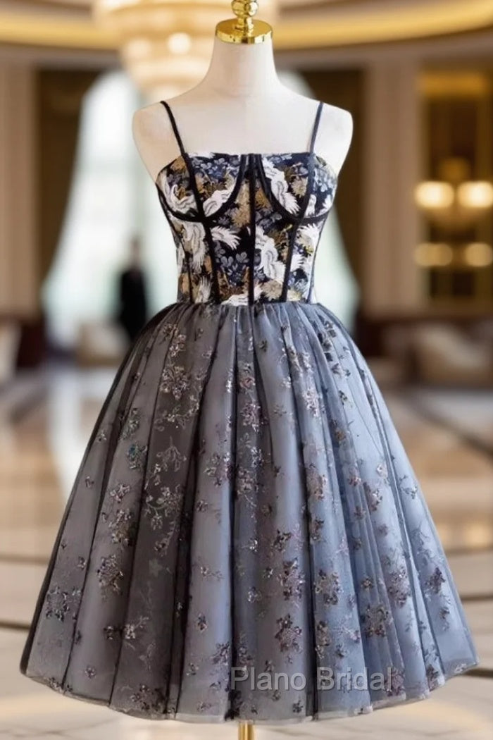 Black Tulle Sequins Embroidery Spaghetti Straps Homecoming Dresses Main image