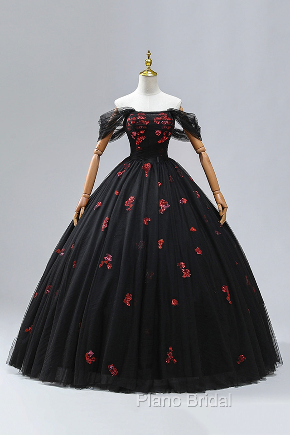 Black Tulle Sequins Long Formal Dresses, A-Line Off the Shoulder Backless Evening Dresses Secondary image