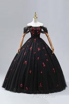 Black Tulle Sequins Long Formal Dresses, A-Line Off the Shoulder Backless Evening Dresses