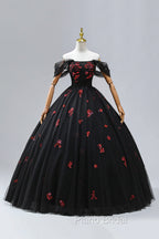 Black Tulle Sequins Long Formal Dresses, A-Line Off the Shoulder Backless Evening Dresses
