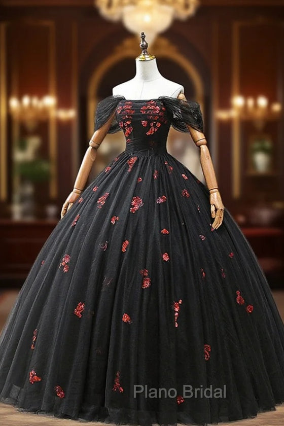 Black Tulle Sequins Long Formal Dresses, A-Line Off the Shoulder Backless Evening Dresses Main image