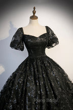 Black Tulle Sequins Long Formal Prom Dresses, A-Line Short Sleeve Formal Evening Gown