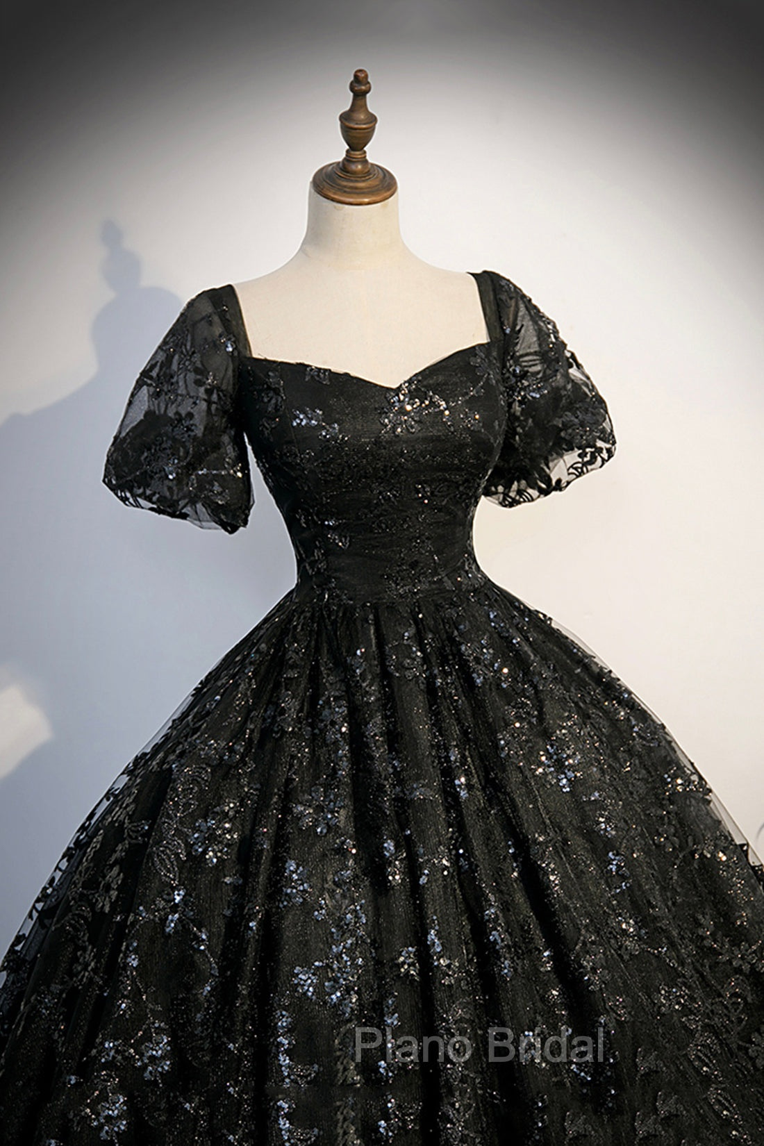 Black Tulle Sequins Long Formal Prom Dresses, A-Line Short Sleeve Formal Evening Gown Secondary image