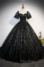 Black Tulle Sequins Long Formal Prom Dresses, A-Line Short Sleeve Formal Evening Gown