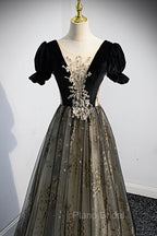 Black Tulle Sequins Long Formal Prom Dresses, Black A-Line Formal Evening Dresses