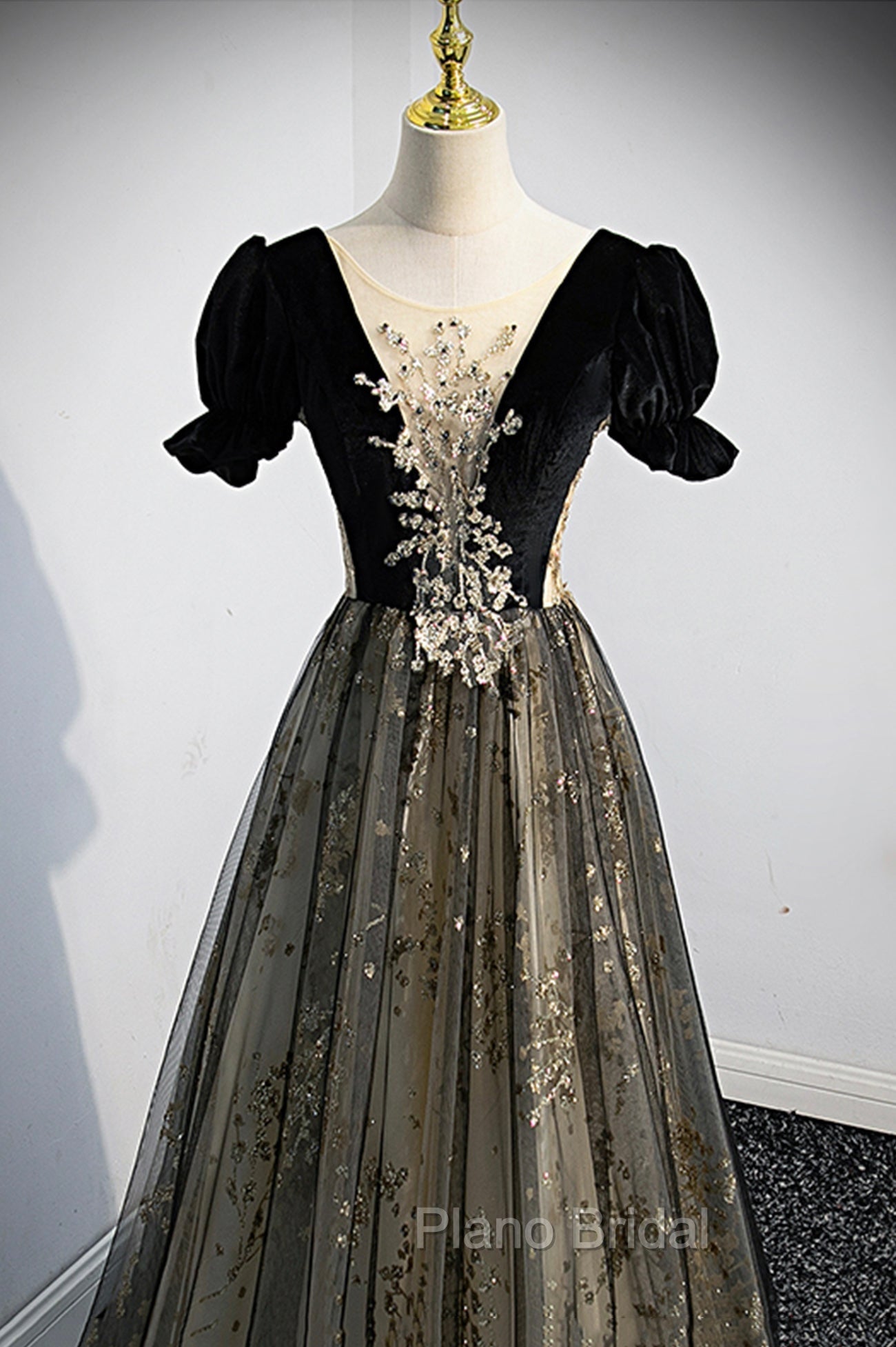 Black Tulle Sequins Long Formal Prom Dresses, Black A-Line Formal Evening Dresses Secondary image