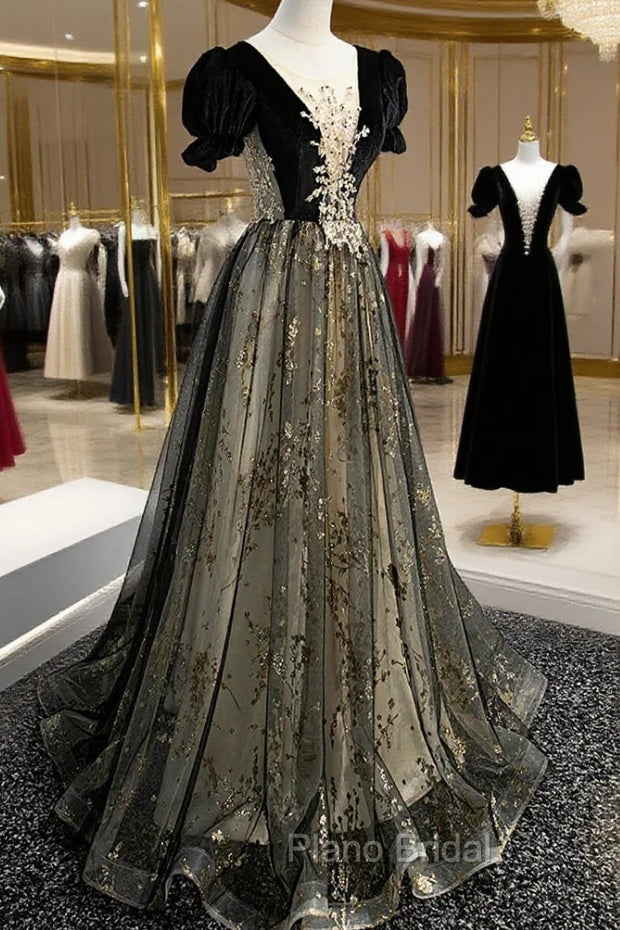 Black Tulle Sequins Long Formal Prom Dresses, Black A-Line Formal Evening Dresses