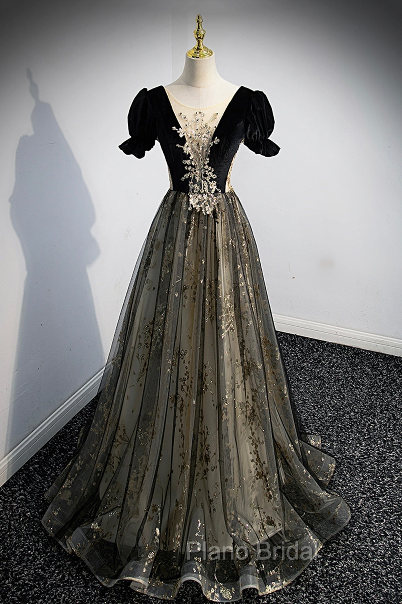 Black Tulle Sequins Long Formal Prom Dresses, Black A-Line Formal Evening Dresses