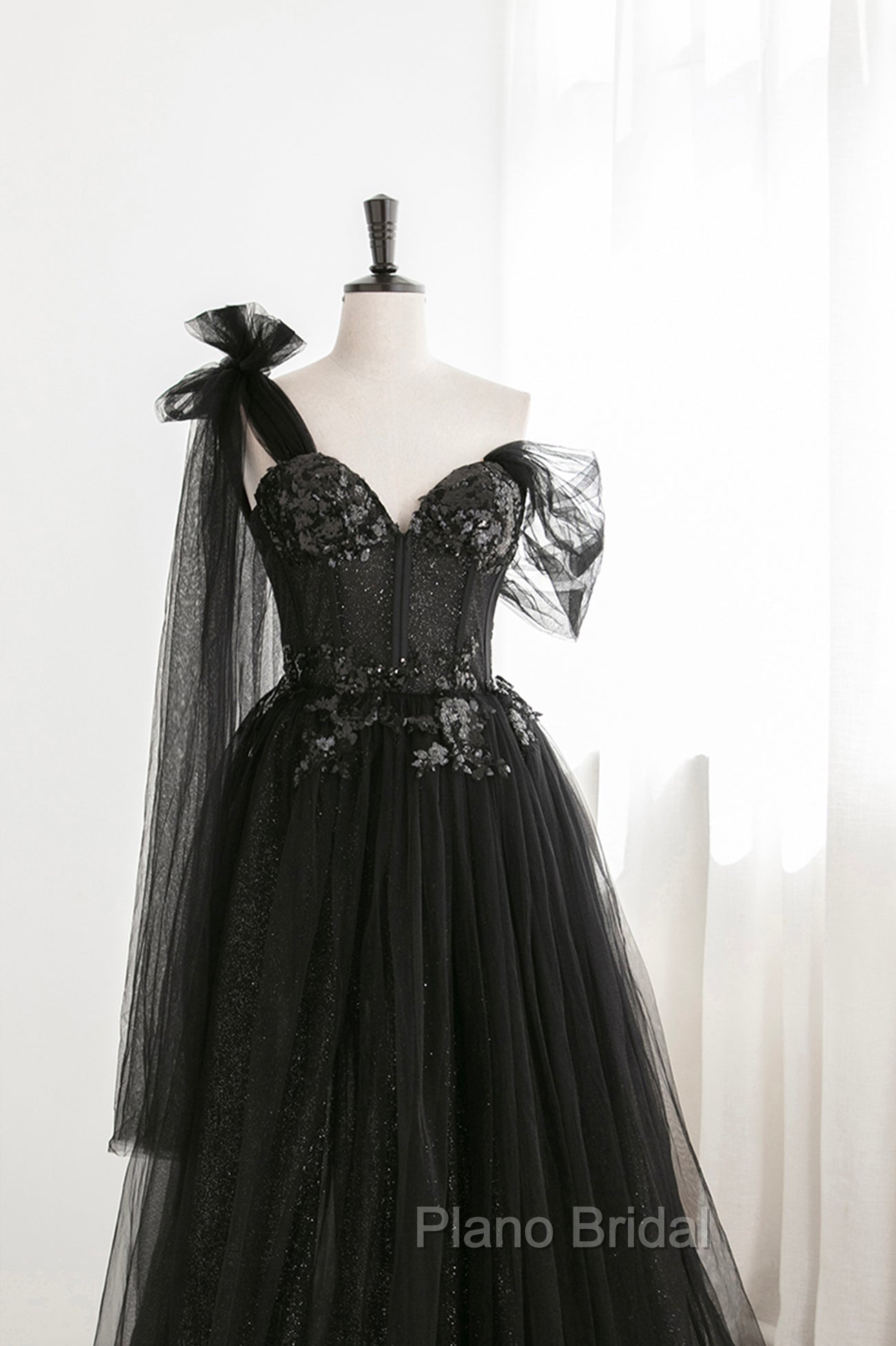 Black Tulle Sequins Long Formal Prom Dresses, Black One Shoulder Evening Dresses