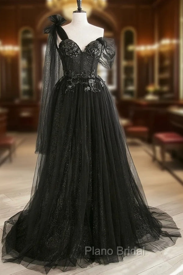 Black Tulle Sequins Long Formal Prom Dresses, Black One Shoulder Evening Dresses Main image