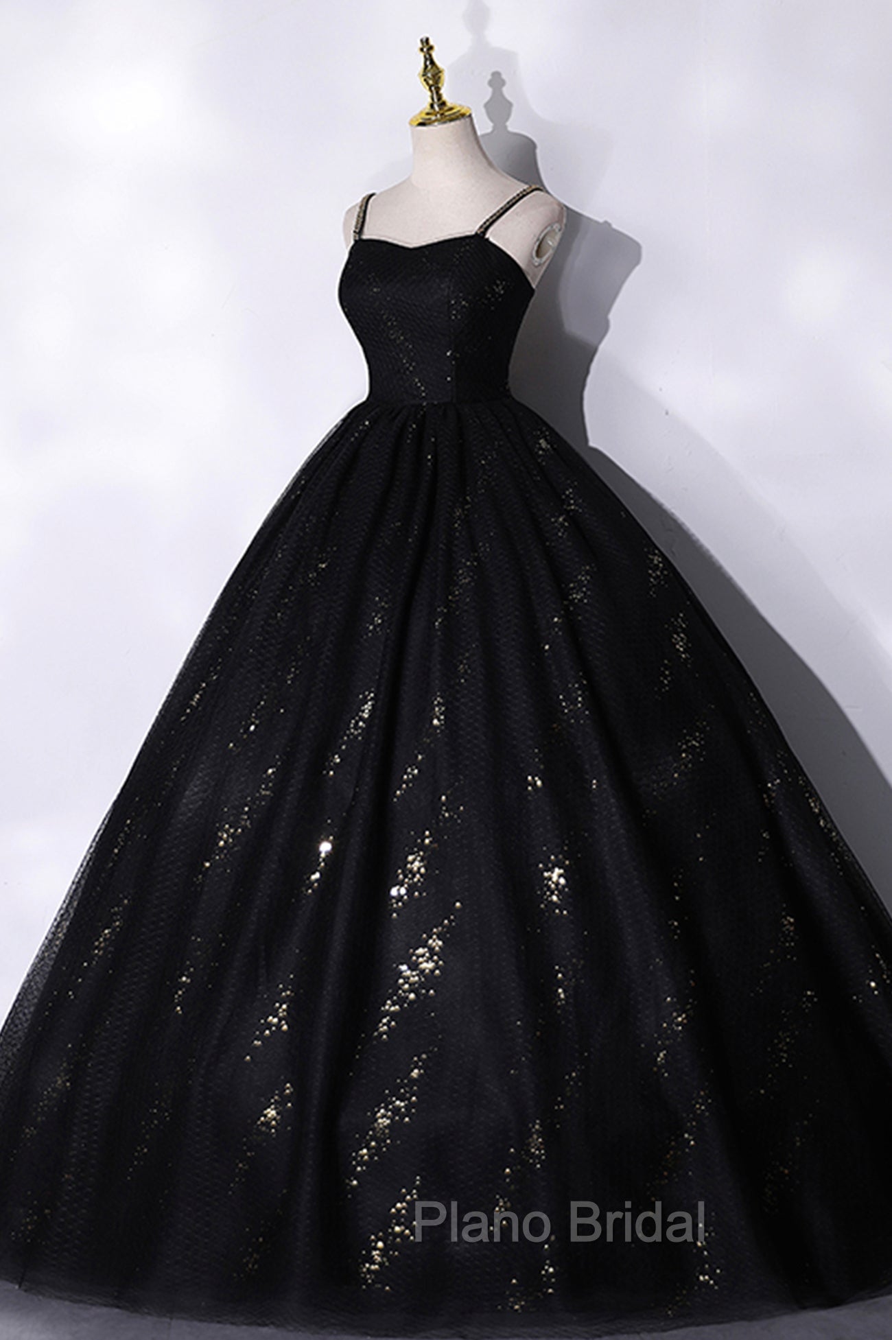 Black Tulle Sequins Long Formal Prom Dresses, Black Spaghetti Straps Evening Dresses Secondary image