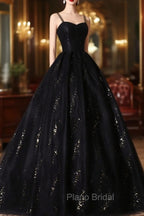 Black Tulle Sequins Long Formal Prom Dresses, Black Spaghetti Straps Evening Dresses