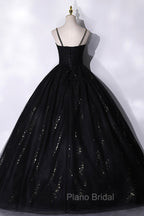 Black Tulle Sequins Long Formal Prom Dresses, Black Spaghetti Straps Evening Dresses
