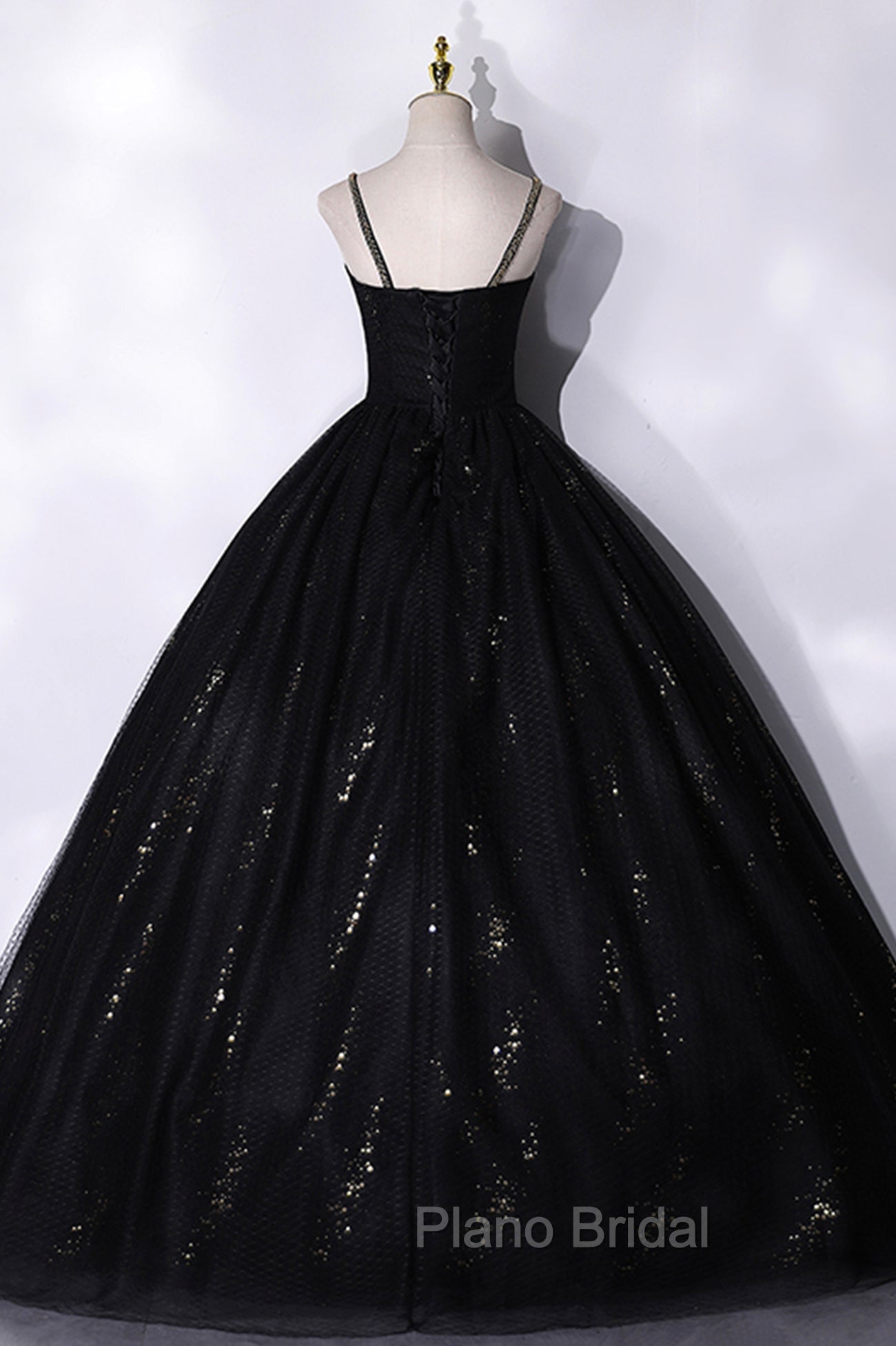 Black Tulle Sequins Long Formal Prom Dresses, Black Spaghetti Straps Evening Dresses