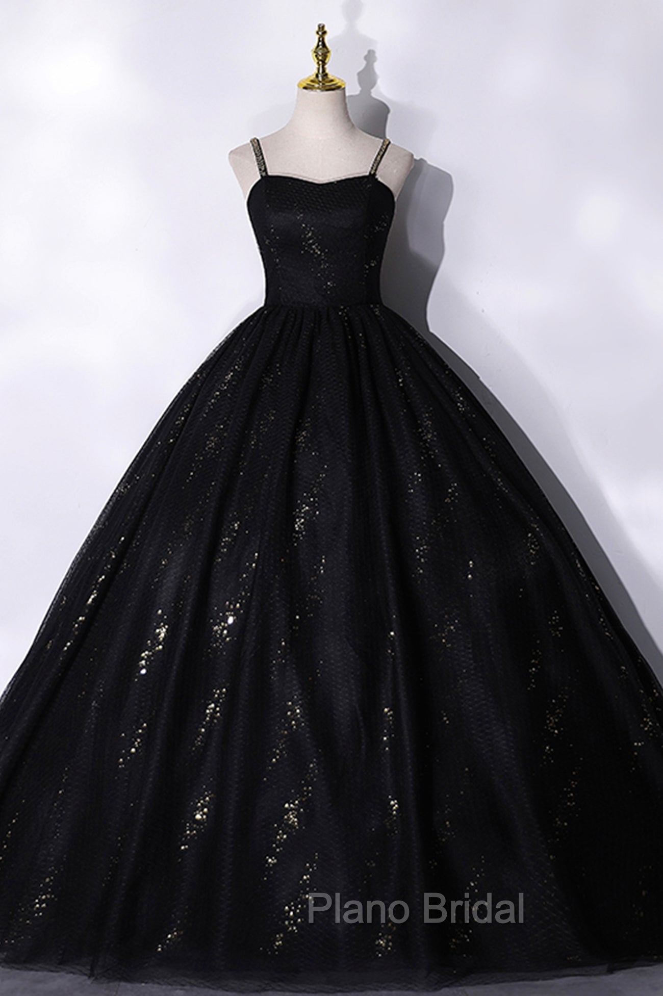 Black Tulle Sequins Long Formal Prom Dresses, Black Spaghetti Straps Evening Dresses Main image