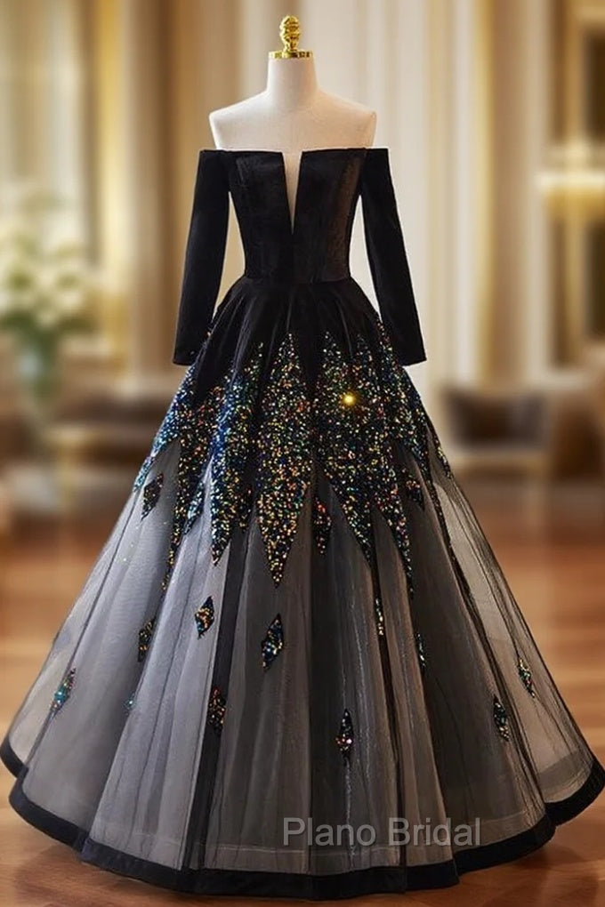 Black Tulle Sequins Long Sleeve Off the Shoulder Formal Prom Dresses