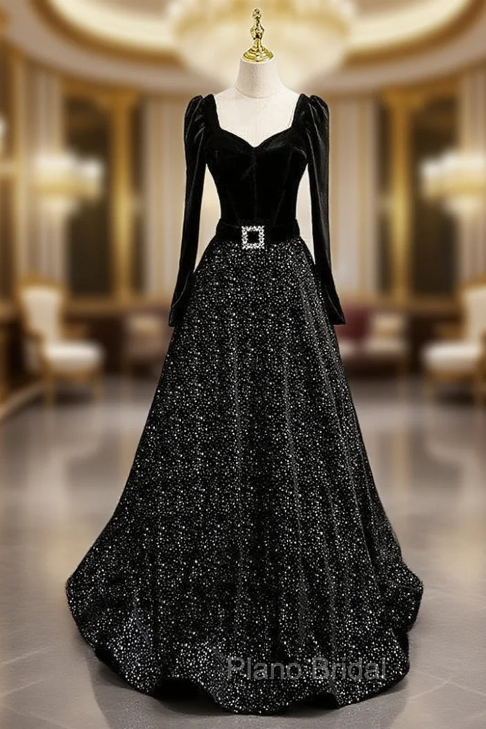 Black Tulle Sequins Long Sleeve Formal Prom Dresses