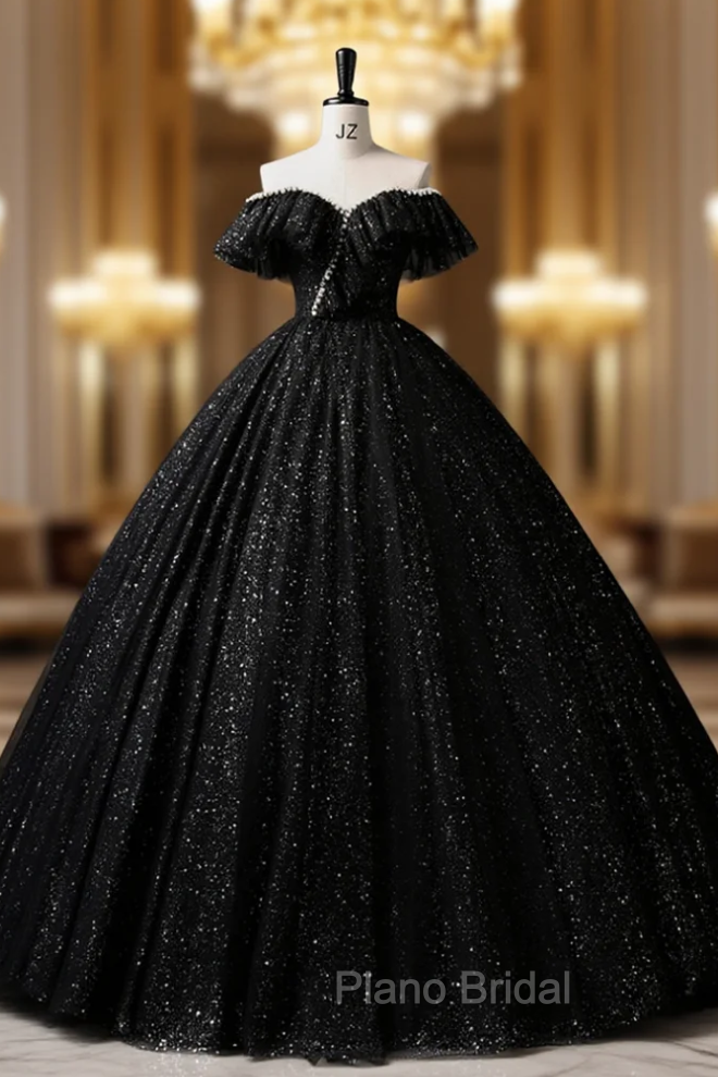 Black Tulle Sequins Off the Shoulder Quinceanera Dresses