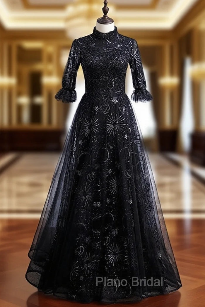 Black Tulle Sequins Short Sleeve Beading Formal Prom Dresses Main image