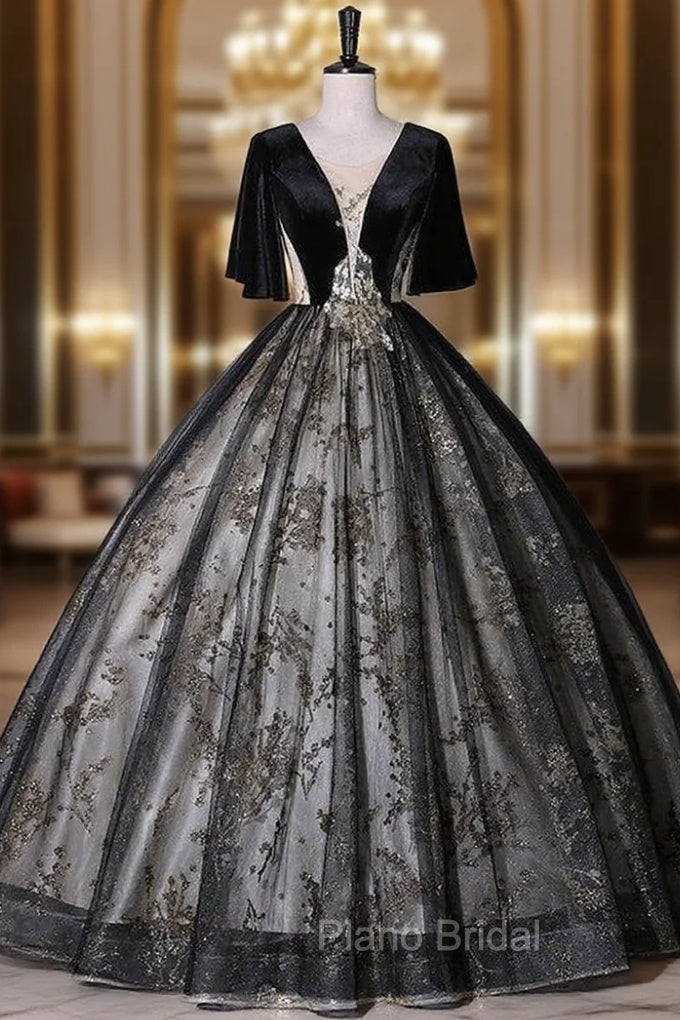 Black Tulle Sequins Short Sleeve Quinceanera Dresses