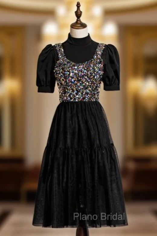 Black Tulle Sequins Short Sleeve Short Formal Prom Dresses