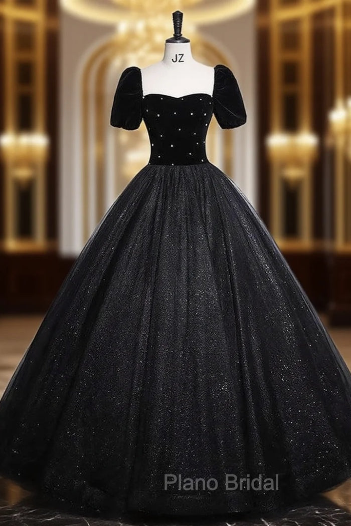 Black Tulle Sequins Short Sleeve Velvet Quinceanera Dresses
