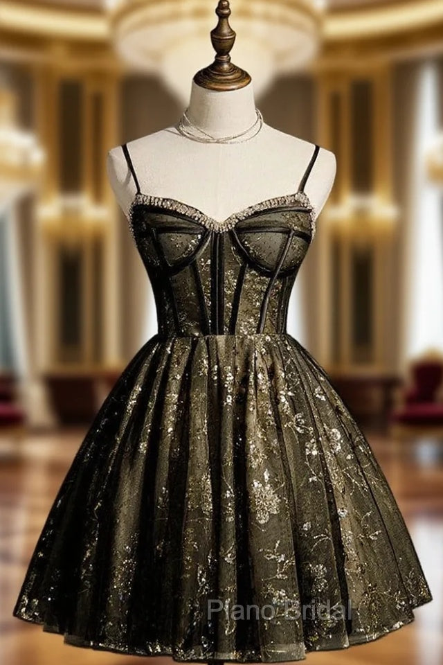 Black Tulle Sequins Spaghetti Straps Homecoming Dresses Main image