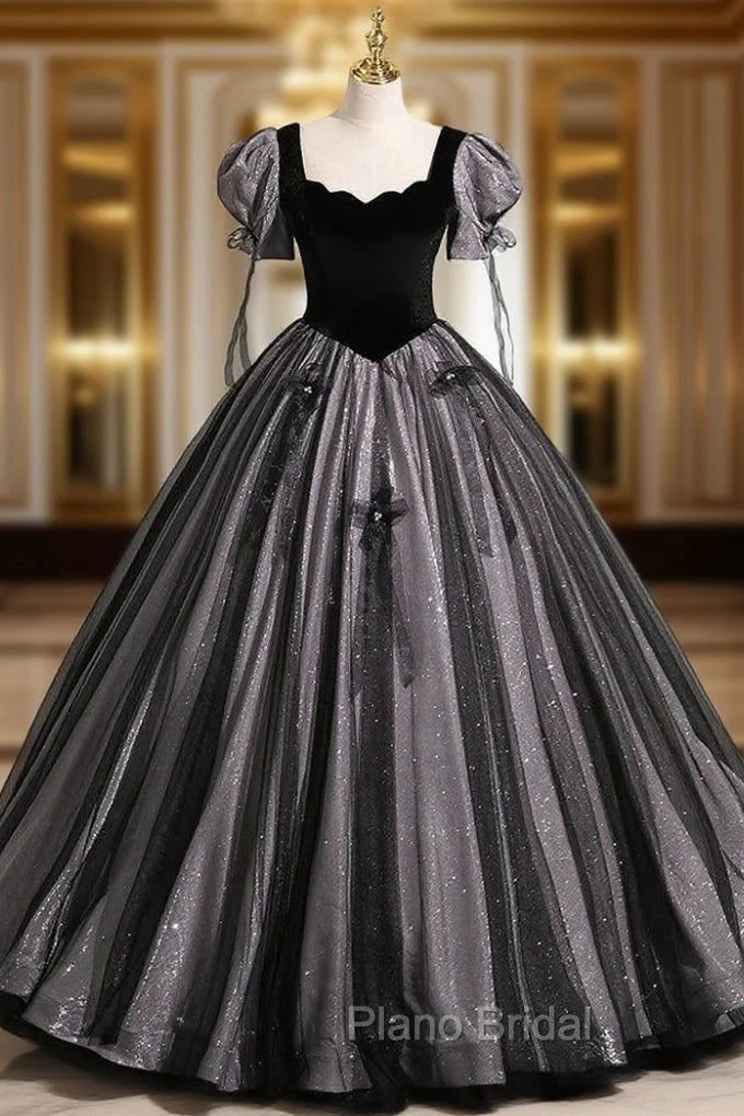Black Tulle Sequins Square Neck Puff Sleeve Quinceanera Dresses