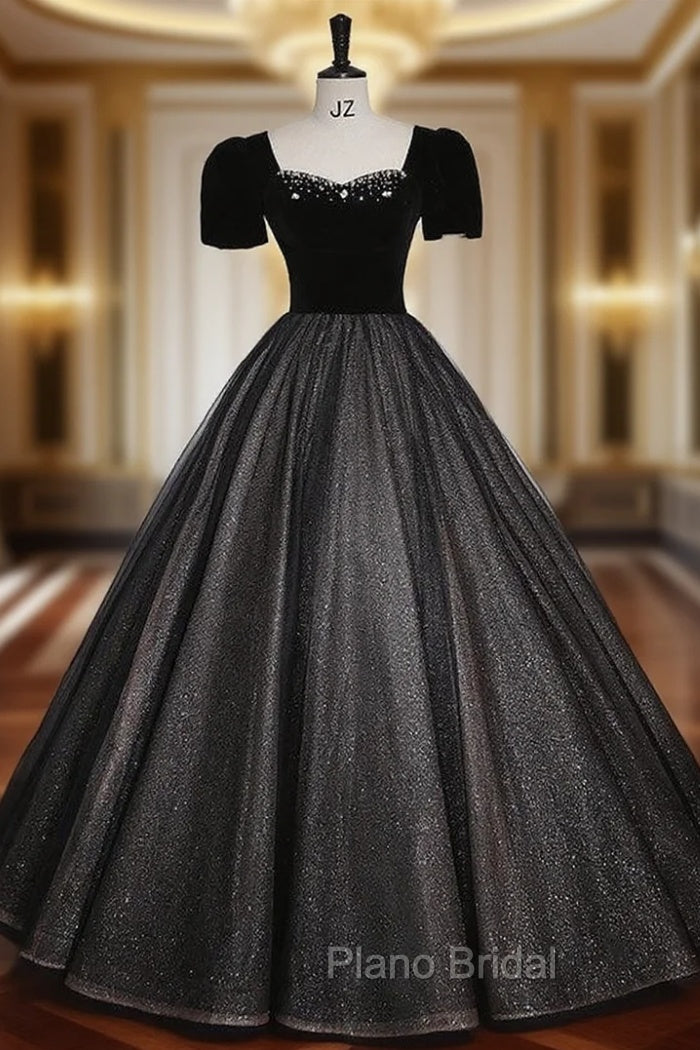 Black Tulle Sequins Square Neck Short Sleeve Beading Quinceanera Dresses
