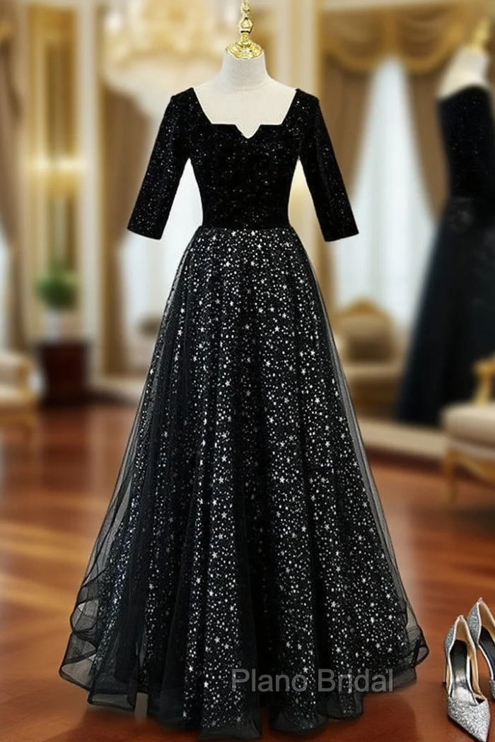 Black Tulle Sequins Square Neck Short Sleeve Formal Prom Dresses