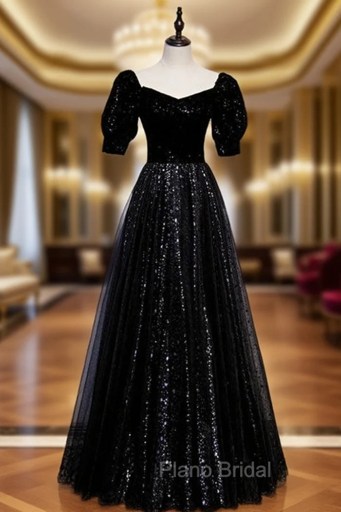 Black Tulle Sequins Square Short Sleeve Formal Prom Dresses