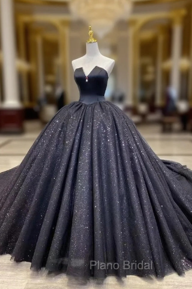 Black Tulle Sequins Strapless Wedding Dresses