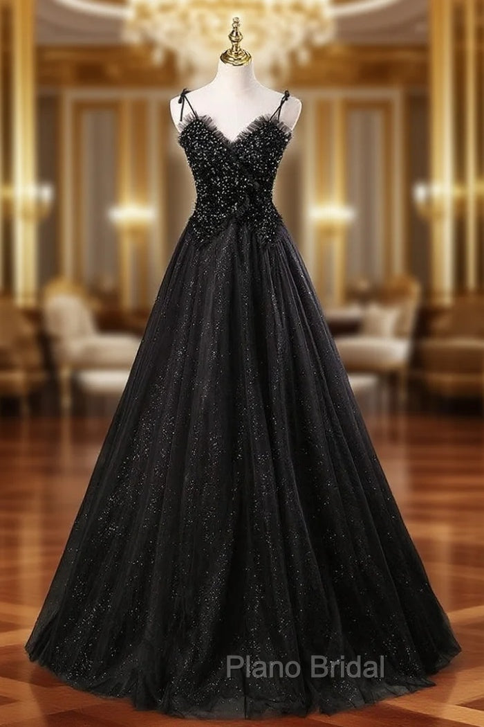 Black Tulle Sequins Straps Beading Formal Prom Dresses Main image