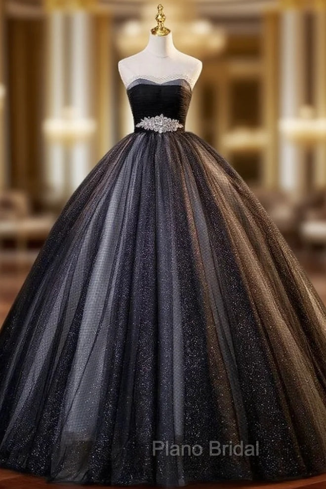 Black Tulle Sequins Sweetheart Pleats Crystal Quinceanera Dresses Main image
