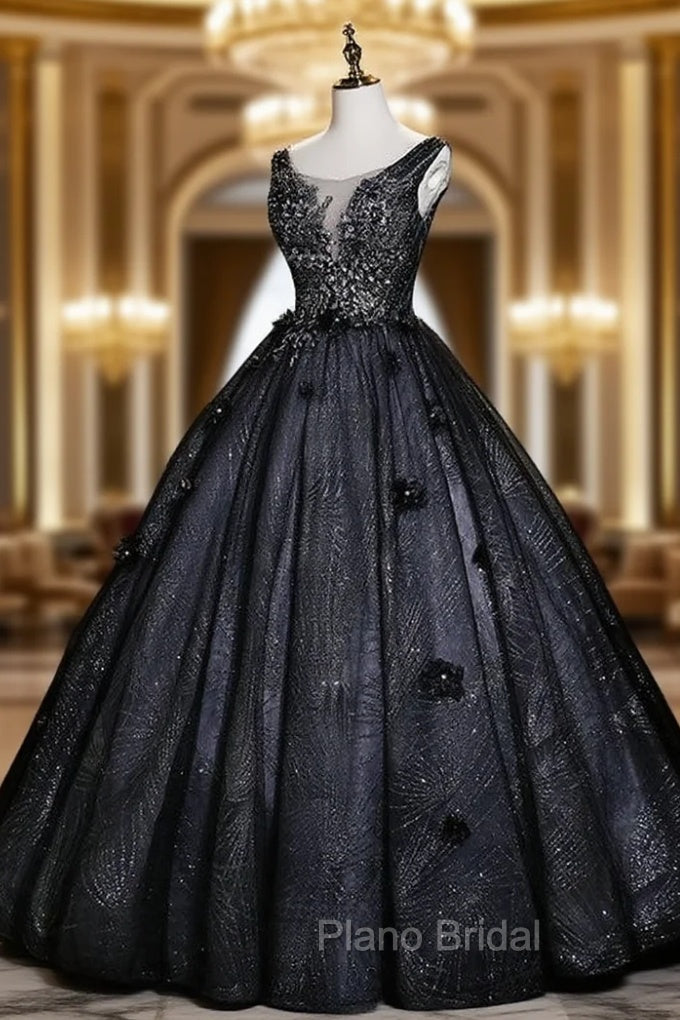 Black Tulle Sequins V-neck Appliques Quinceanera Dresses Main image
