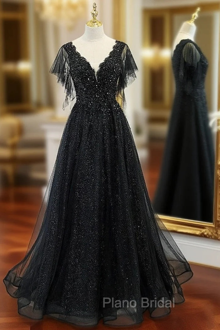 Black Tulle Sequins V-neck Beading Formal Prom Dresses Main image