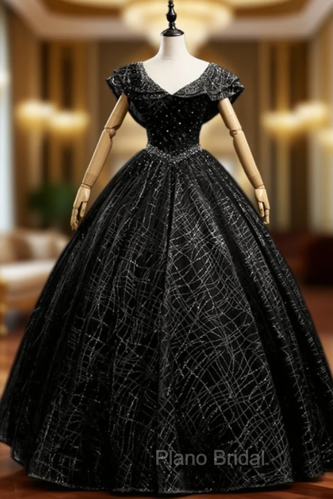 Black Tulle Sequins V-Neck Beading Quinceanera Dresses