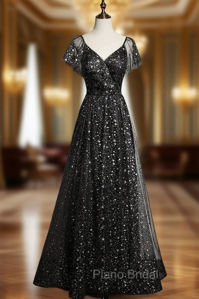 Black Tulle Sequins V-neck Formal Prom Dresses Main image