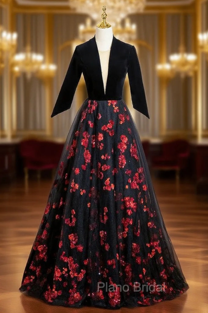 Black Tulle Sequins V-neck Short Sleeve Backless Formal Prom Dresses Main image