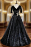 Black Tulle Sequins V-neck Short Sleeve Formal Prom Dresses