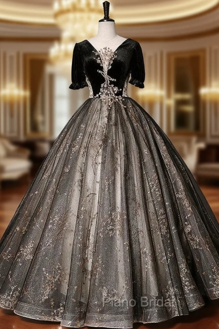 Black Tulle Sequins Velvet Quinceanera Dressesline:floor length Neckline:scoop Fabric:tulle Shown Color:black Sleeve Style:short sleeve Back Style:lace up Embellishment:sequins Built-in Bra: yes Main image