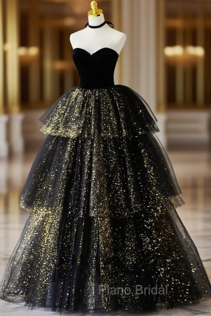 Black Tulle Sequins Velvet Sweetheart Formal Prom Dresses Main image