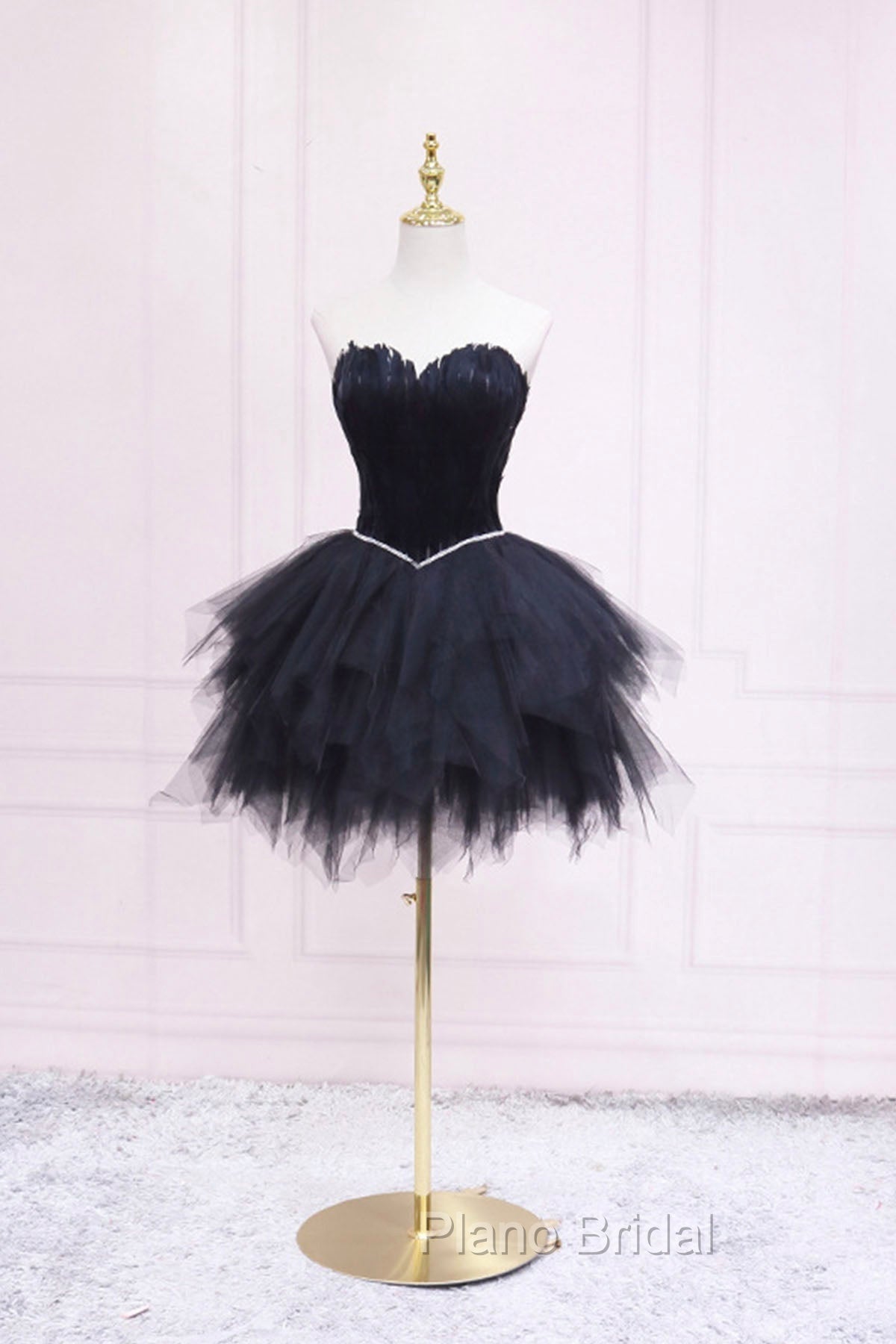 Black Tulle Short Formal Prom Dresses with Feather, A-Line Sweetheart Neckline Party Dresses Secondary image