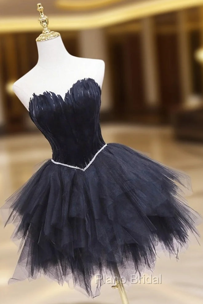 Black Tulle Short Formal Prom Dresses with Feather, A-Line Sweetheart Neckline Party Dresses
